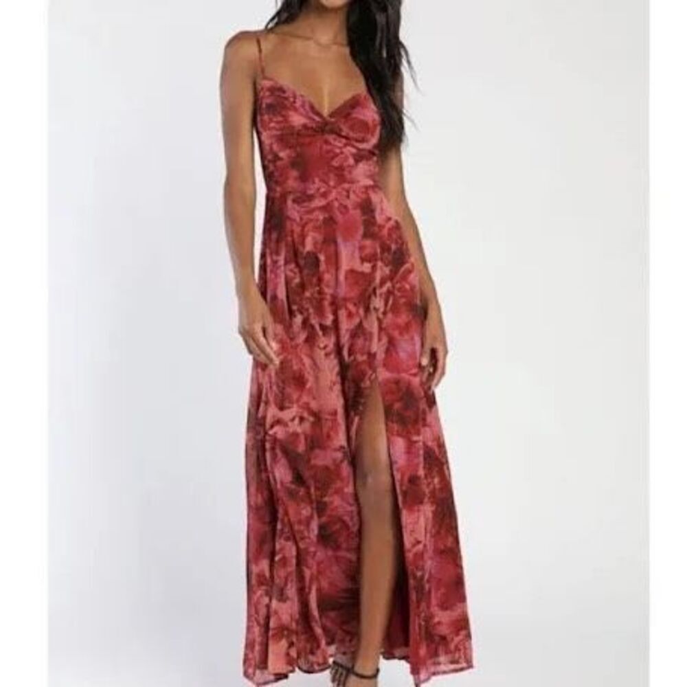 Lulus Beautiful Soul Burgundy Floral Maxi Dress High Slit Special Occasion NWT